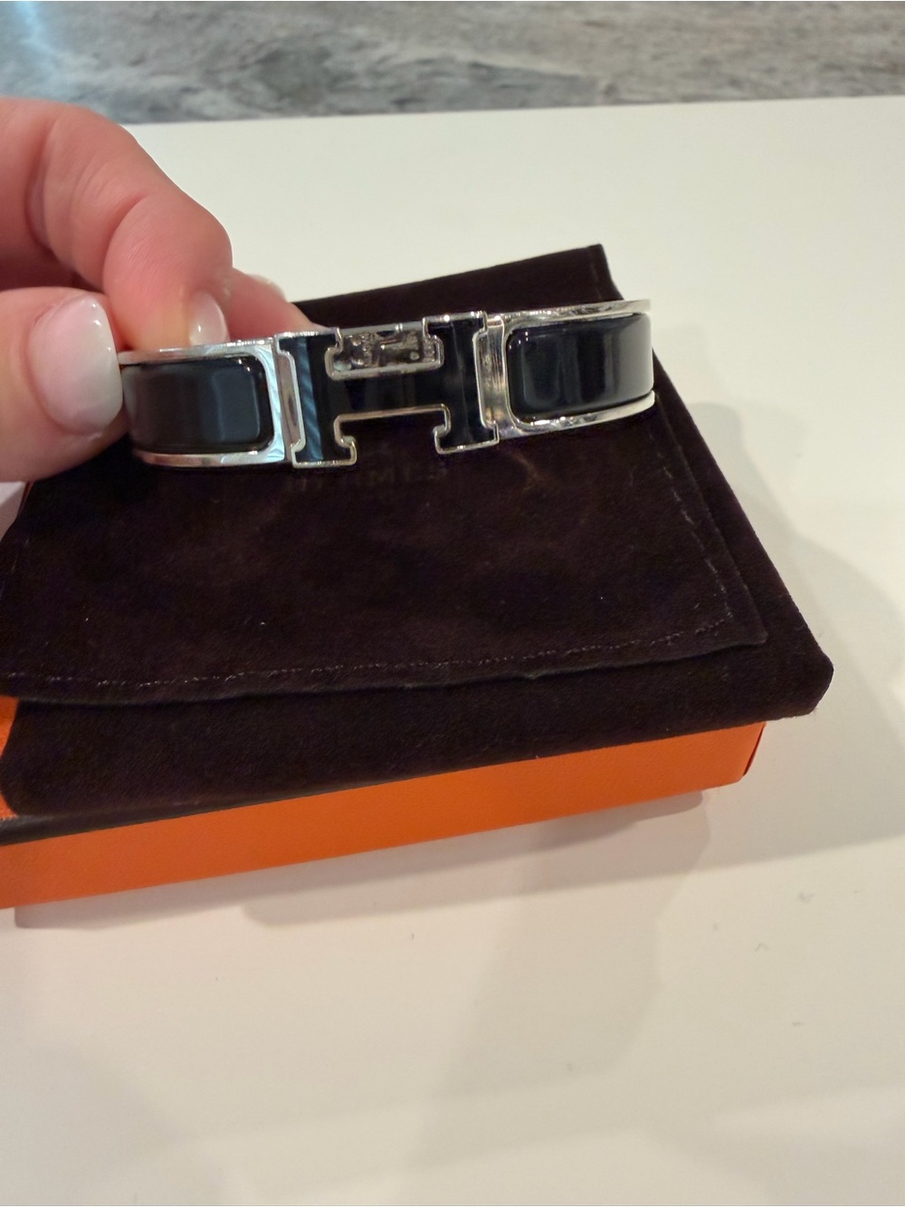 Hermes Black Enamel H Bracelet with Palladium Hardware
